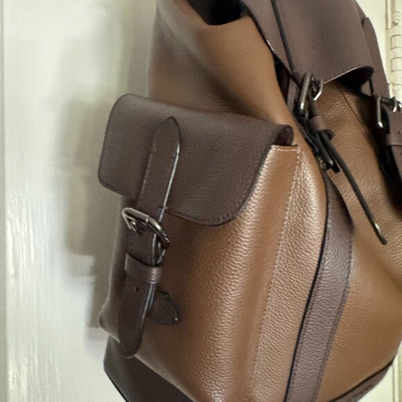 Coach Mens two  tone Brown Pebbled Leather Backpack - Picture 3 of 8